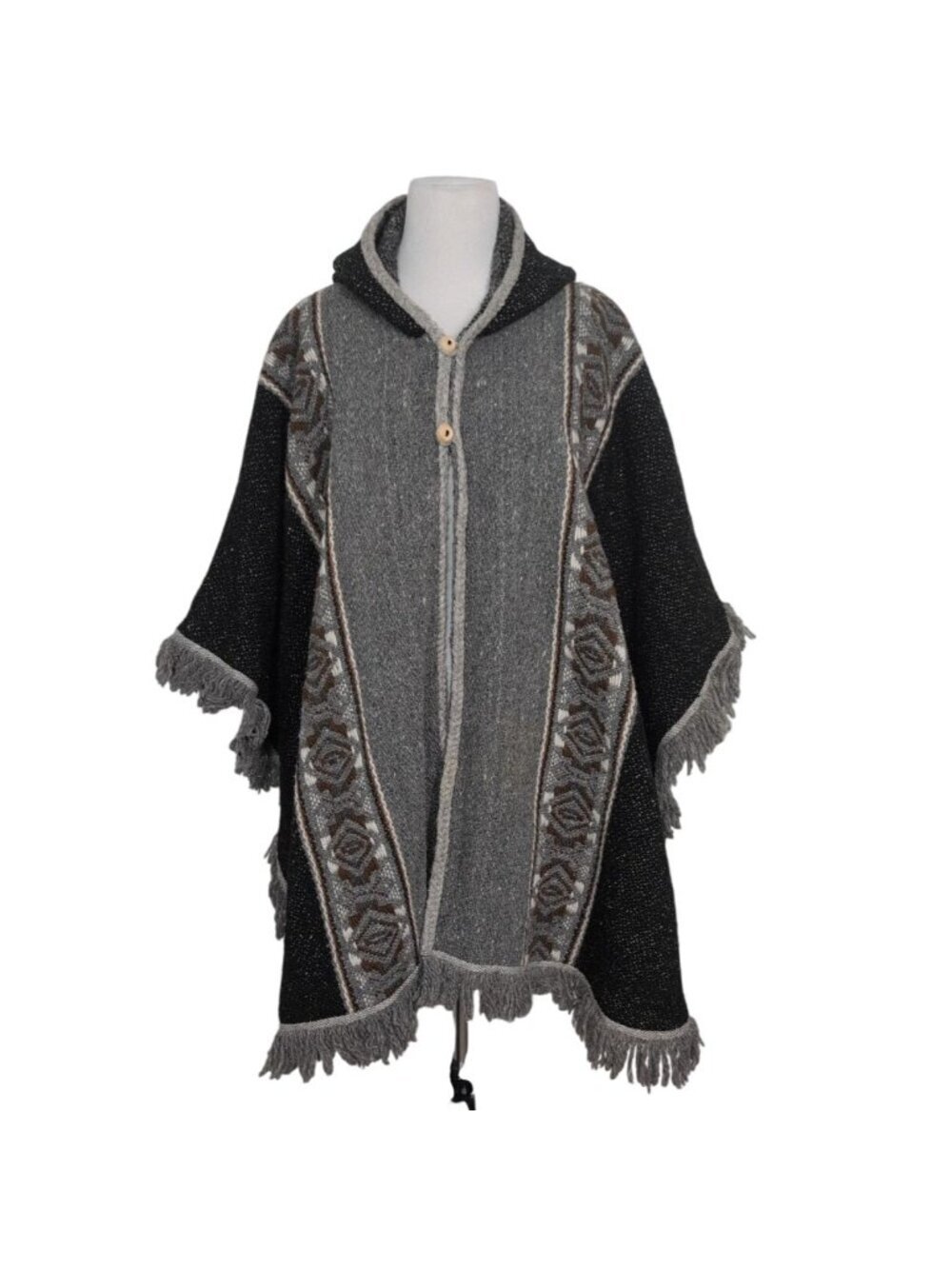 Milmarte 100% Wool Fringe Hooded Poncho Black Gray Stripe Ecuador Aztec Cape